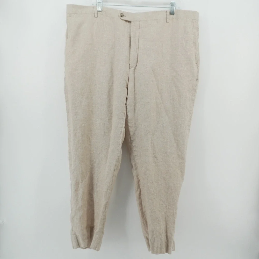 Jos A Bank Pants Mens 42L Beige 100% Linen 1905 Custom Made Flat Front Trousers